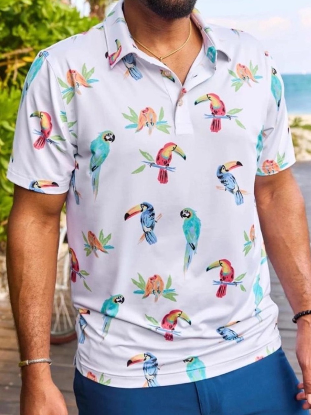 Chubbies Performance Polo The Dude Where's Macaw white birds toucans size small